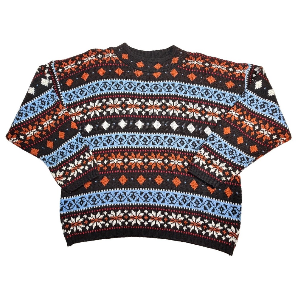 Vintage Croquet Club Large Fair Isle Geometric Knit Sweater USA Made Black 90s
